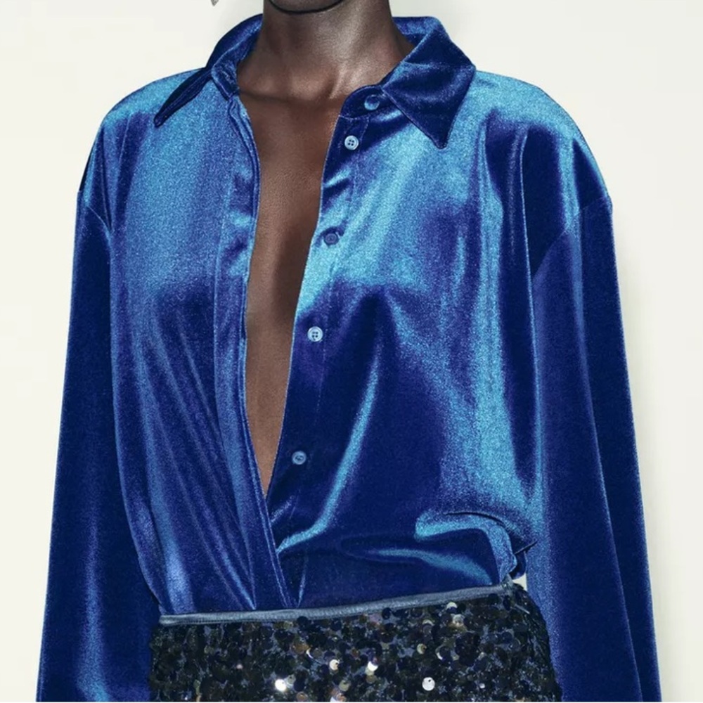 Zara Sleek Blue Velvet Blouse Size Small Worn Once